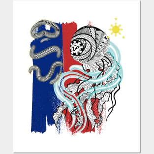 Philippine Flag-Tribal line Art Jellyfish / Baybayin word Buhay (Life) Posters and Art